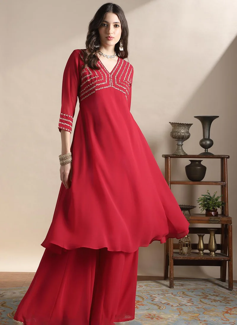 جلو باص Globus Women Red V-Neck Floral Zari Embroiderd Yoke Georgette A-Line Kurta With Sharara Festive Set
